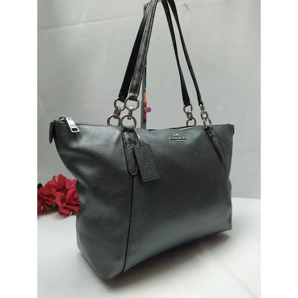 Coach Gray Leather Double Handles Zipper Closure Satchel Shoulder Bag